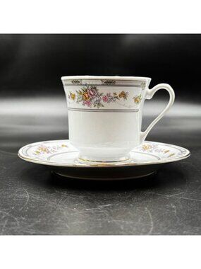 Vintage Porcelain Floral Teacup & Saucer Set W/ Gold Accent Trim
